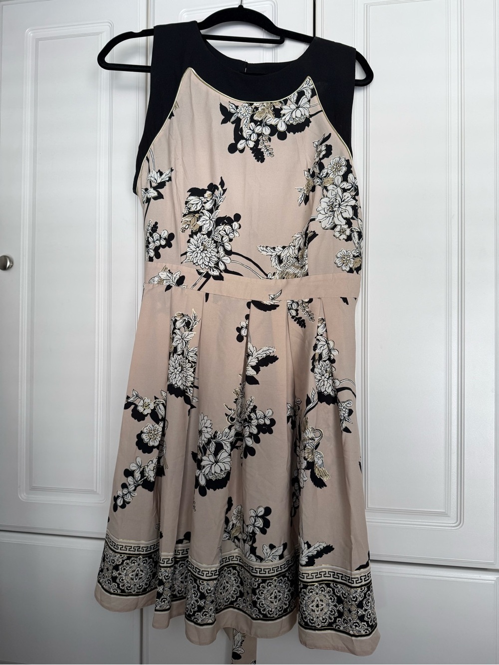 Beige Chiffon Floral Fit-and-Flare Dress with Black and Golf Accents